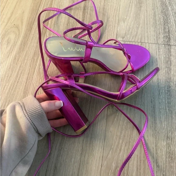 Lulus Hot Pink Metallic Lace Up Heels - Picture 4 of 6